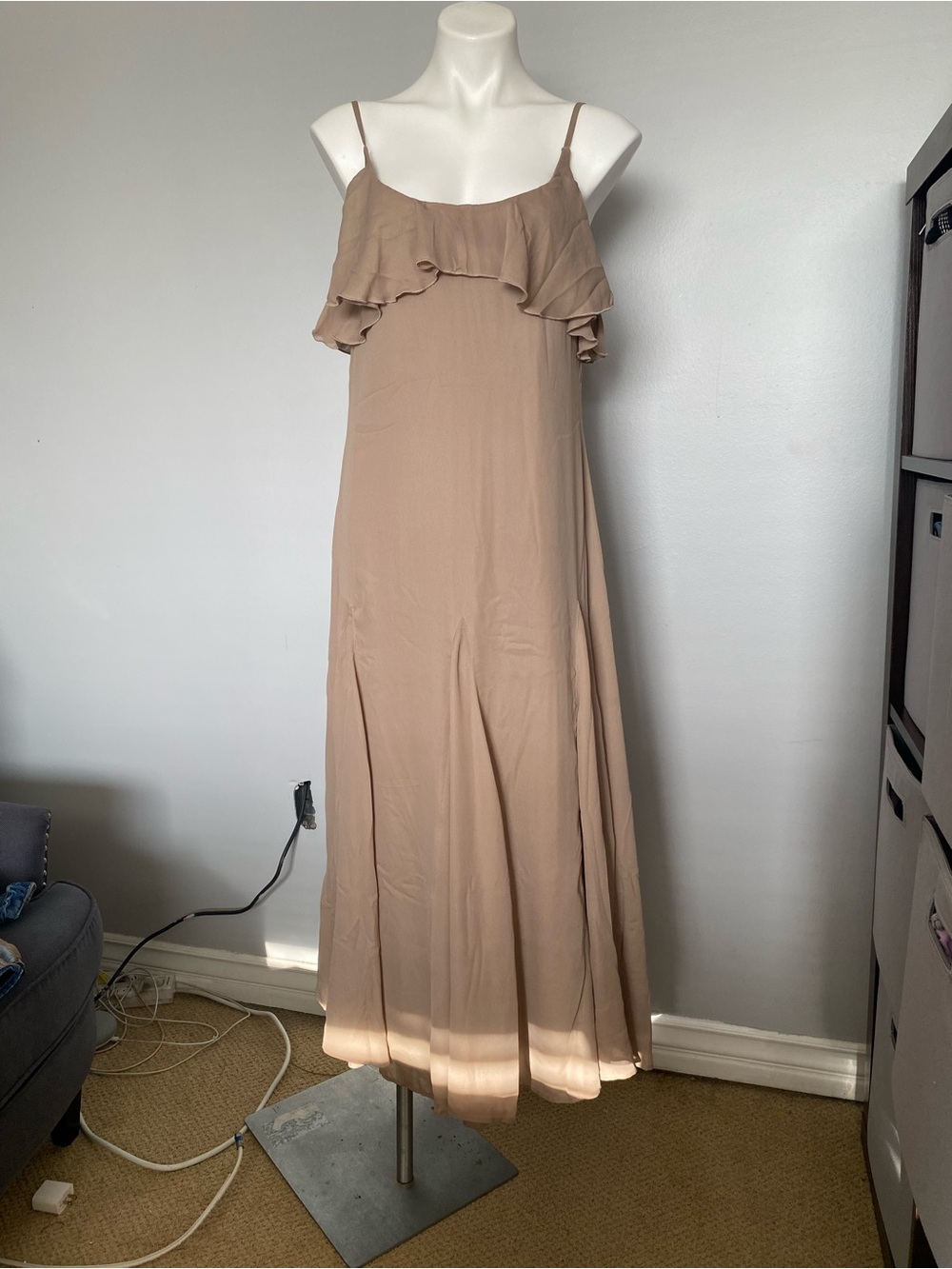 Abercrombie & Fitch Taupe Ruffle-Front Spaghetti Strap Maxi Dress
